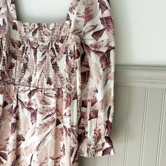 House of Harlow 1960 Small Linen Blend Mauve Palm Leaf Cream Midi Dress - Picture 3 of 6